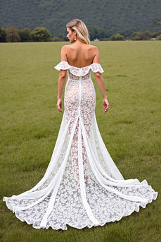 White Lace Off the Shouder High-Low Boho Western Corset Wedding Dress