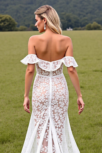 White Lace Off the Shouder High-Low Boho Western Corset Wedding Dress
