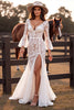 Load image into Gallery viewer, Boho Lace White Flare Sleeves Corset Western Wedding Dress with Slit