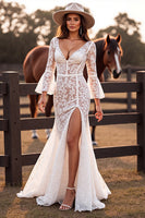 Load image into Gallery viewer, Boho Lace White Flare Sleeves Corset Western Wedding Dress with Slit