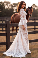 Load image into Gallery viewer, Boho Lace White Flare Sleeves Corset Western Wedding Dress with Slit