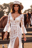 Load image into Gallery viewer, Boho Lace White Flare Sleeves Corset Western Wedding Dress with Slit