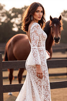 Load image into Gallery viewer, Boho Lace White Flare Sleeves Corset Western Wedding Dress with Slit