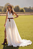 Load image into Gallery viewer, Boho White V-Neck Chiffon Sweep Train Western Wedding Dress