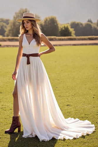 Boho White V-Neck Chiffon Sweep Train Western Wedding Dress
