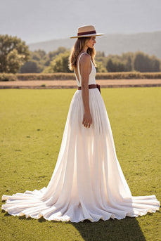 Boho White V-Neck Chiffon Sweep Train Western Wedding Dress