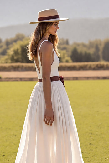 Boho White V-Neck Chiffon Sweep Train Western Wedding Dress