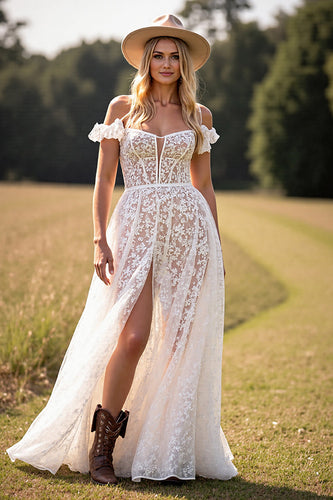 White Lace Ruffled Sweep Train Boho Western Corset Wedding Dress with Slit