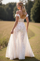 Load image into Gallery viewer, White Lace Ruffled Sweep Train Boho Western Corset Wedding Dress with Slit