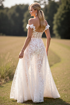 White Lace Ruffled Sweep Train Boho Western Corset Wedding Dress with Slit