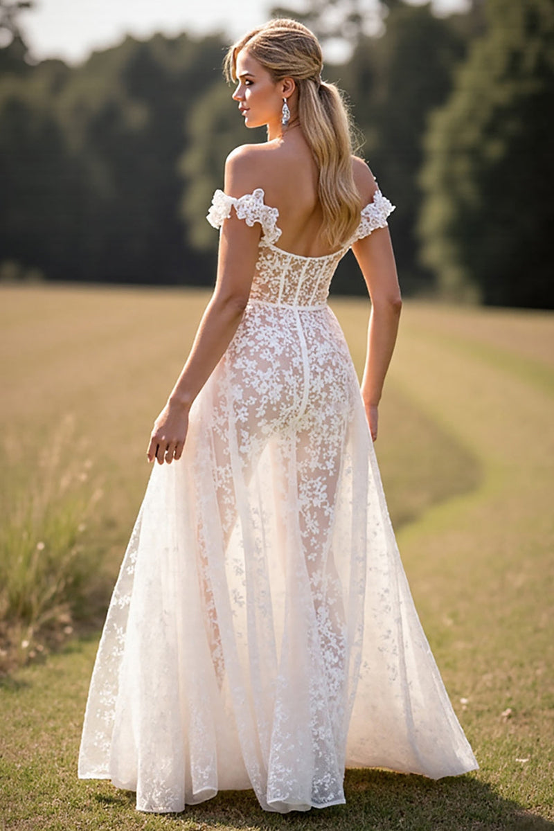 Load image into Gallery viewer, White Lace Ruffled Sweep Train Boho Western Corset Wedding Dress with Slit