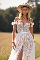 Load image into Gallery viewer, White Lace Ruffled Sweep Train Boho Western Corset Wedding Dress with Slit