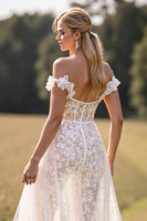 Load image into Gallery viewer, White Lace Ruffled Sweep Train Boho Western Corset Wedding Dress with Slit