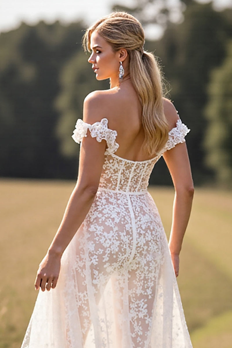 Load image into Gallery viewer, White Lace Ruffled Sweep Train Boho Western Corset Wedding Dress with Slit