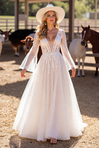 White Boho Long Sleeves Western Corset Wedding Dress with Appliques