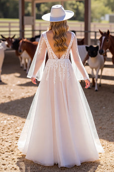 White Boho Long Sleeves Western Corset Wedding Dress with Appliques