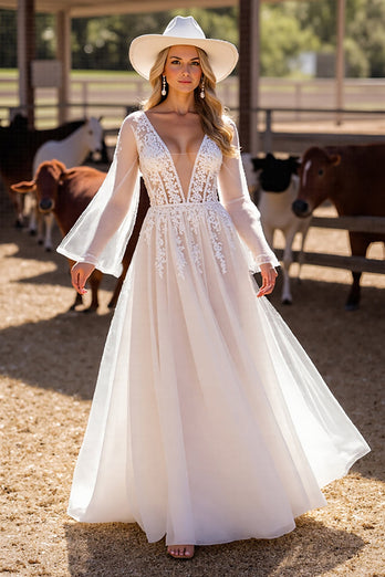 White Boho Long Sleeves Western Corset Wedding Dress with Appliques