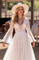 Load image into Gallery viewer, White Boho Long Sleeves Western Corset Wedding Dress with Appliques