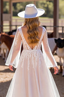 Load image into Gallery viewer, White Boho Long Sleeves Western Corset Wedding Dress with Appliques
