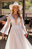 Load image into Gallery viewer, White Boho Long Sleeves Western Corset Wedding Dress with Appliques