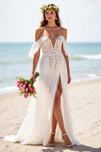 Women White Boho Corset Wedding Dress with Lace Backless Chiffon Off the Shoulder Sweep Train Bridal Dress