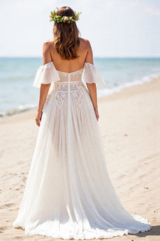 White Chiffon Boho Corset Wedding Dress with Lace