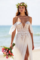 Load image into Gallery viewer, White Chiffon Boho Corset Wedding Dress with Lace