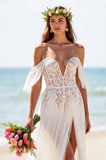 White Chiffon Boho Corset Wedding Dress with Lace