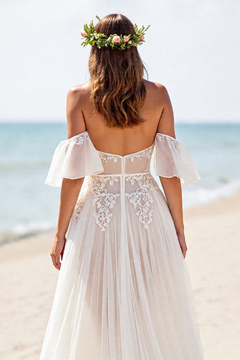 White Chiffon Boho Corset Wedding Dress with Lace