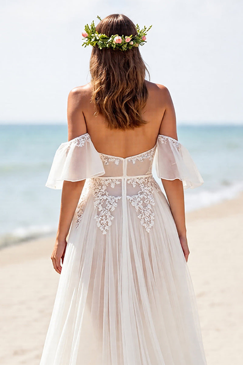 Load image into Gallery viewer, White Chiffon Boho Corset Wedding Dress with Lace