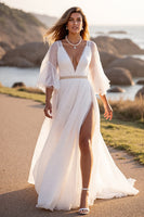 Load image into Gallery viewer, White V-Neck Boho A Line Chiffon Sweep Train Wedding Dress with Sleeves