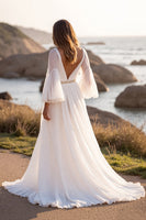 Load image into Gallery viewer, White V-Neck Boho A Line Chiffon Sweep Train Wedding Dress with Sleeves