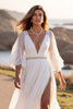 Load image into Gallery viewer, White V-Neck Boho A Line Chiffon Sweep Train Wedding Dress with Sleeves