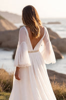 Load image into Gallery viewer, White V-Neck Boho A Line Chiffon Sweep Train Wedding Dress with Sleeves