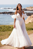 Load image into Gallery viewer, White Deep V-Neck Puff Sleeves Sweep Train Wedding Dress