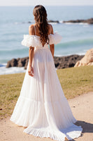 Load image into Gallery viewer, White Deep V-Neck Puff Sleeves Sweep Train Wedding Dress