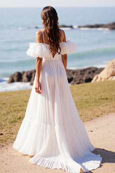 White Deep V-Neck Puff Sleeves Sweep Train Wedding Dress