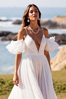 Load image into Gallery viewer, White Deep V-Neck Puff Sleeves Sweep Train Wedding Dress
