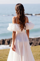 Load image into Gallery viewer, White Deep V-Neck Puff Sleeves Sweep Train Wedding Dress