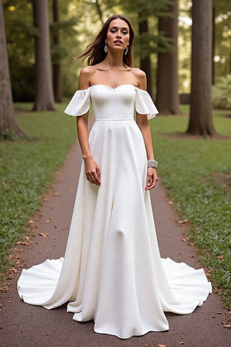 White Off the Shoulder Sweep Train Satin Wedding Dress with Sleeves