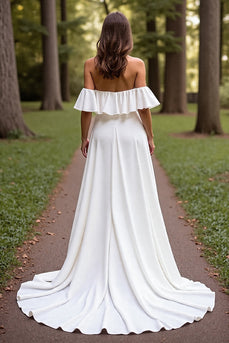 White Off the Shoulder Sweep Train Satin Wedding Dress with Sleeves