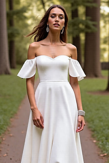 White Off the Shoulder Sweep Train Satin Wedding Dress with Sleeves