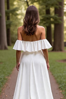 Load image into Gallery viewer, White Off the Shoulder Sweep Train Satin Wedding Dress with Sleeves