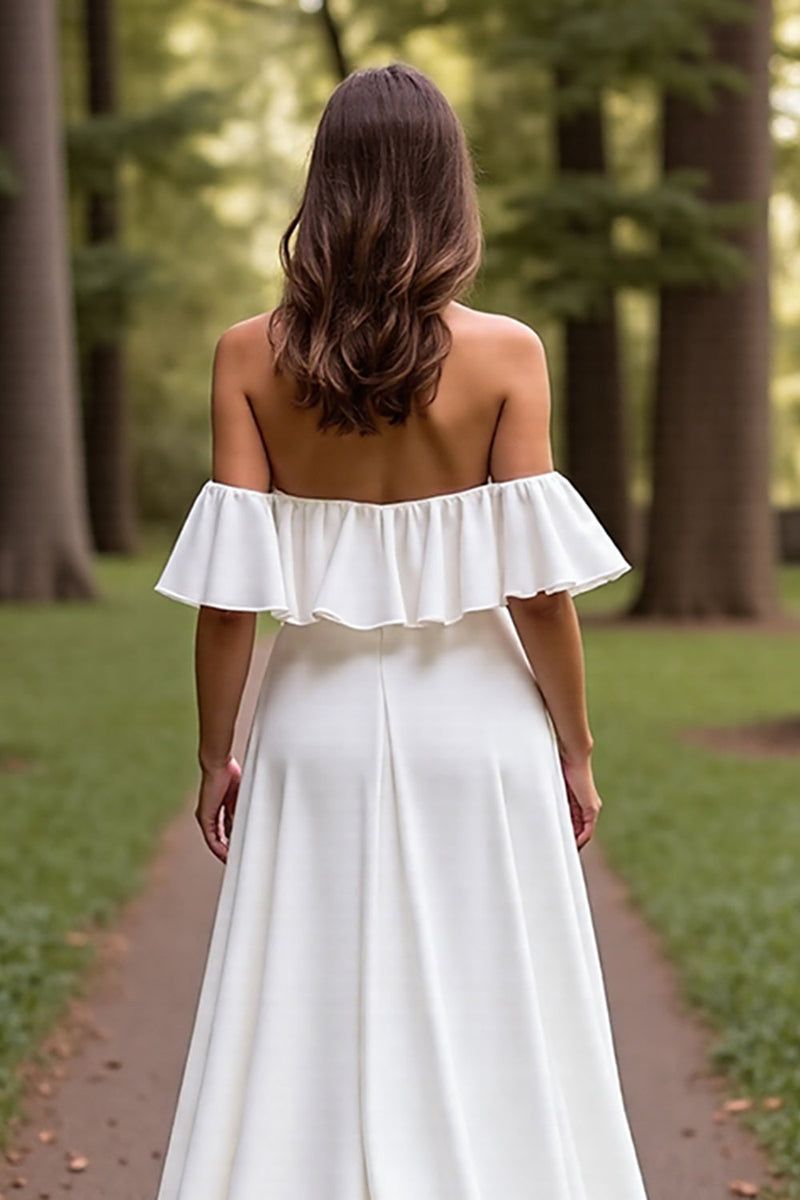Load image into Gallery viewer, White Off the Shoulder Sweep Train Satin Wedding Dress with Sleeves