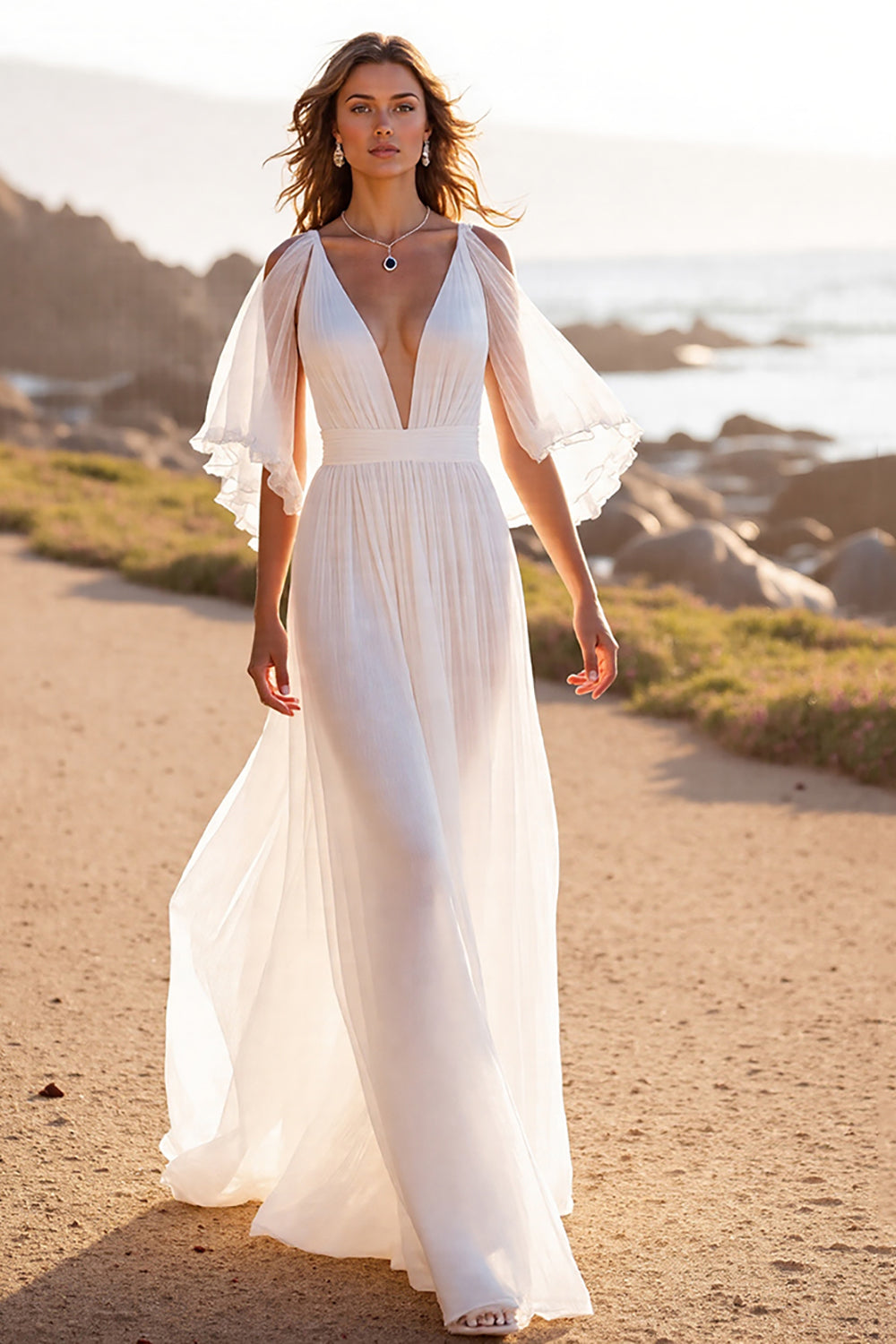 White Chiffon Deep V-Neck Boho Sweep Train Wedding Dress with Ruffles
