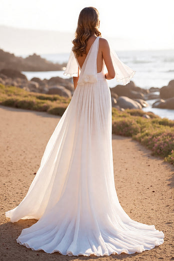 White Chiffon Deep V-Neck Boho Sweep Train Wedding Dress with Ruffles