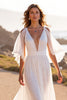 Load image into Gallery viewer, White Chiffon Deep V-Neck Boho Sweep Train Wedding Dress with Ruffles
