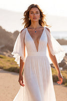 Load image into Gallery viewer, White Chiffon Deep V-Neck Boho Sweep Train Wedding Dress with Ruffles