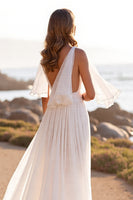Load image into Gallery viewer, White Chiffon Deep V-Neck Boho Sweep Train Wedding Dress with Ruffles