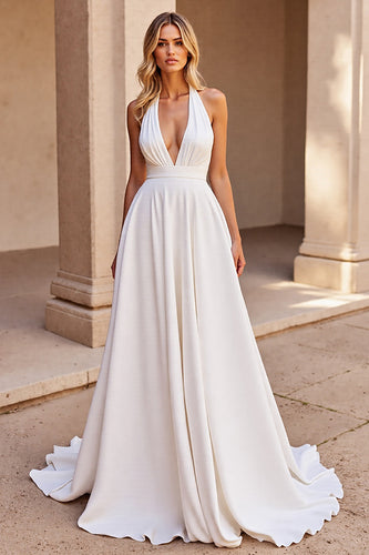 White Satin Halter A Line Sweep Train Wedding Dress